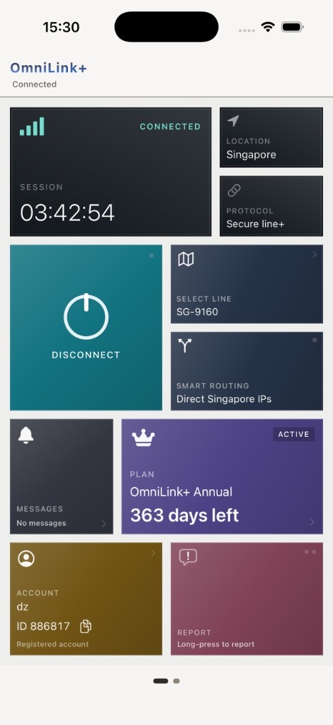 OmniLink+ connect board showing an active session, endpoint and routing mode